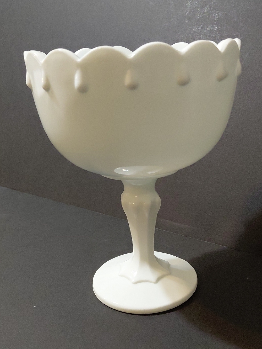 Vintage Indiana Glass Milk Glass Teardrop Pattern Compote Bowl w/ Scalloped Rim